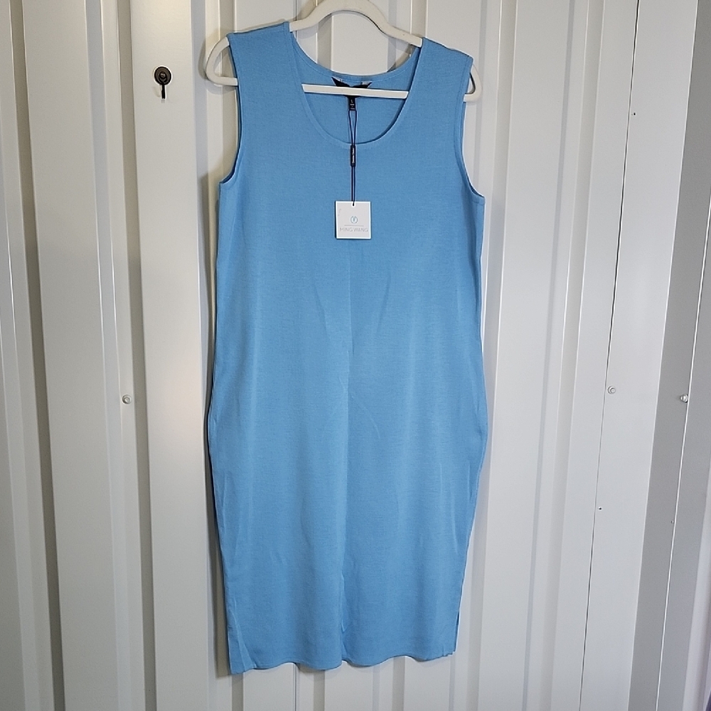 Ming Wang Womens Sleeveless Sky Blue Midi Sheath Dress Large NWT Knit Stretch